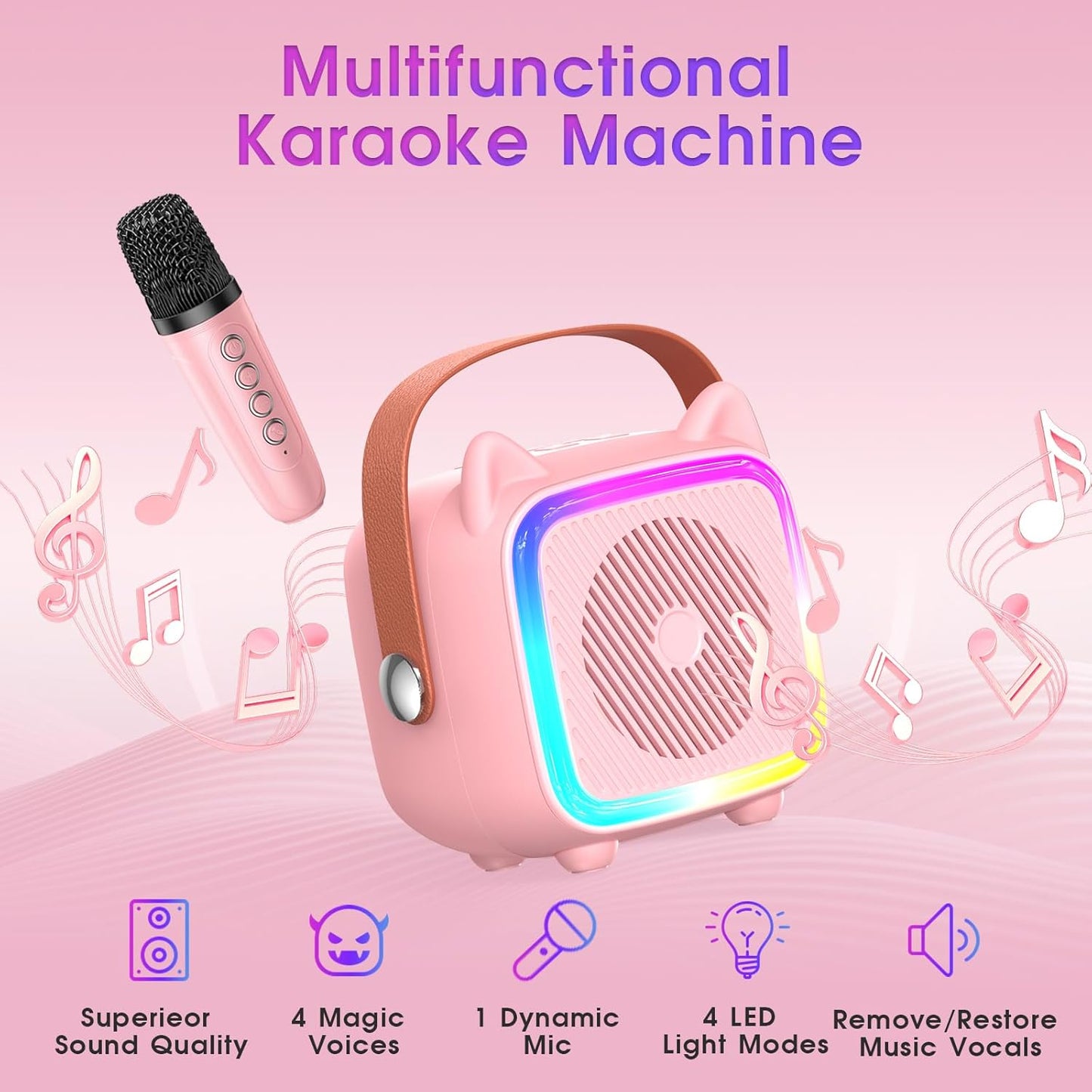 SXH Mini Karaoke Machine for Kids Portable Karaoke Machine with Bluetooth Wireless Microphone and Light Include 64GB-TFcard Toys Gifts for 3-14 Years Old Girls Boys (Pink 1 Mic)