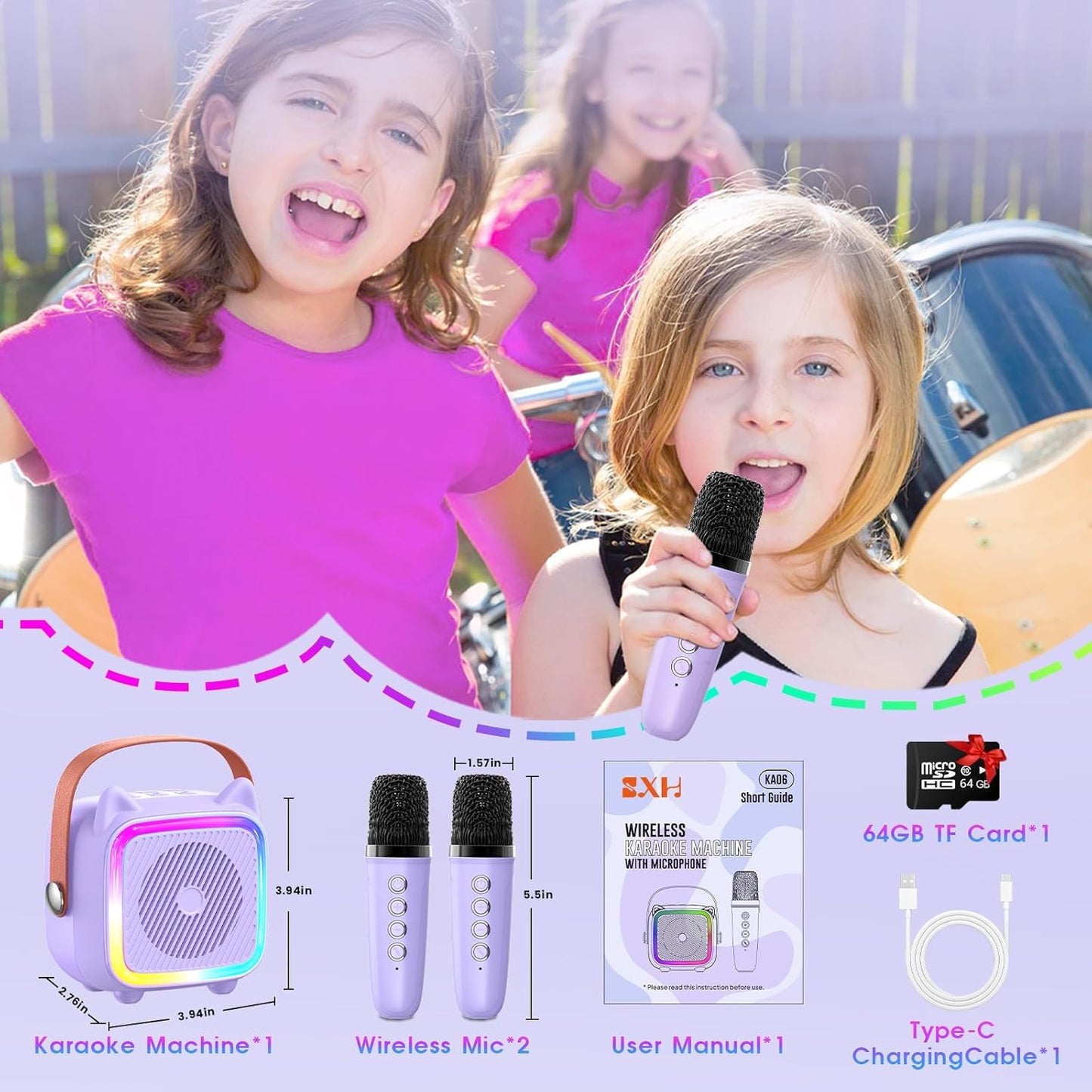 SXH Mini Karaoke Machine for Kids Portable Karaoke Machine with 2 Bluetooth Wireless Microphones and Light Include 64GB-TFcard Toys Gifts for 3-14 Years Old Girls Boys (Purple 2 Mics)