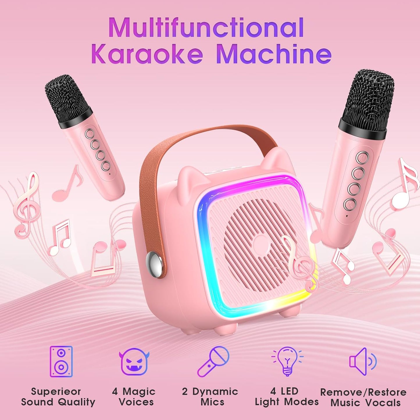 SXH Mini Karaoke Machine for Kids Portable Karaoke Machine with 2 Bluetooth Wireless Microphones and Light Include 64GB-TFcard Toys Gifts for 3-14 Years Old Girls Boys (Pink 2 Mics)