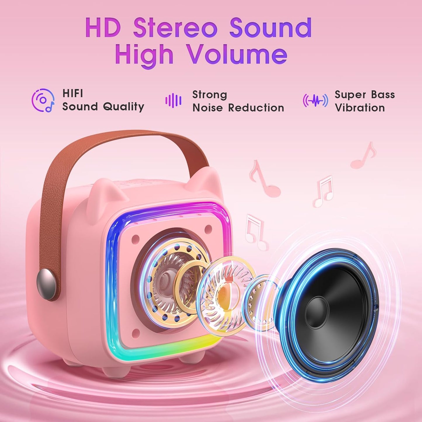 SXH Mini Karaoke Machine for Kids Portable Karaoke Machine with 2 Bluetooth Wireless Microphones and Light Include 64GB-TFcard Toys Gifts for 3-14 Years Old Girls Boys (Pink 2 Mics)