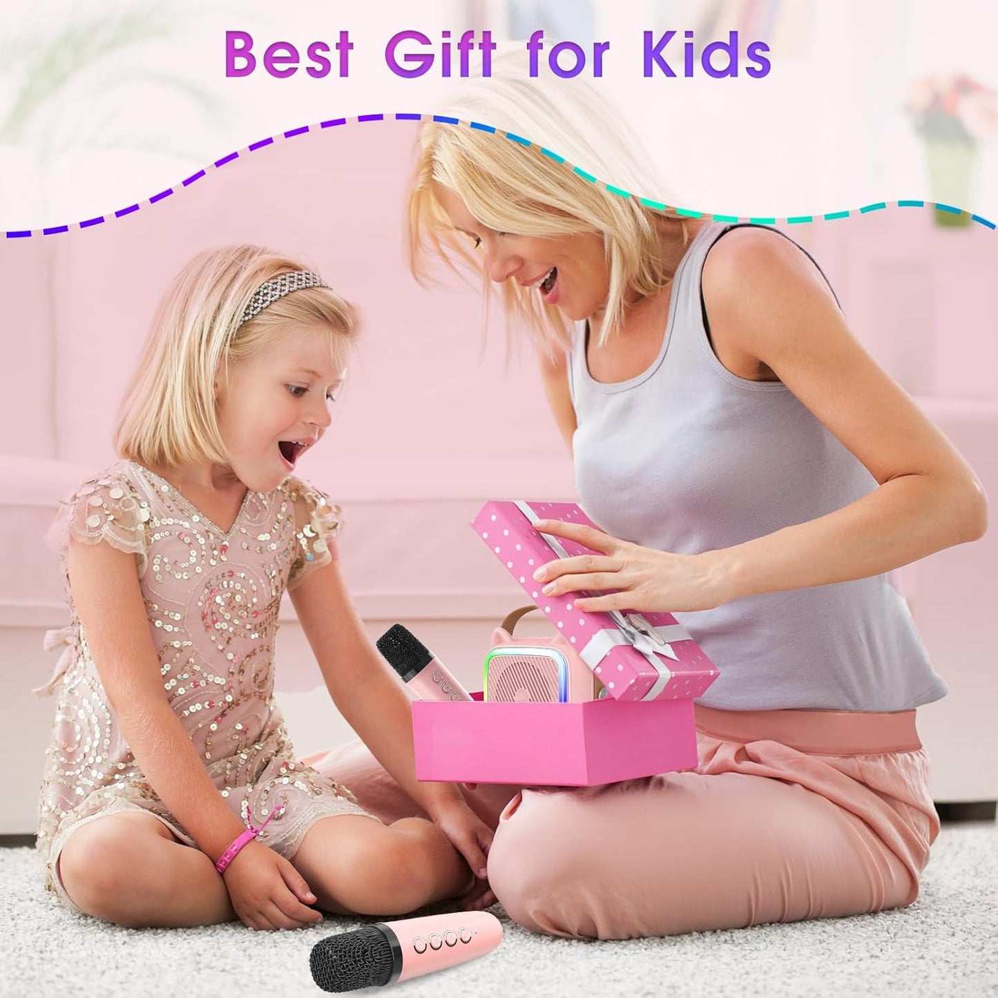 SXH Mini Karaoke Machine for Kids Portable Karaoke Machine with Bluetooth Wireless Microphone and Light Include 64GB-TFcard Toys Gifts for 3-14 Years Old Girls Boys (Pink 1 Mic)