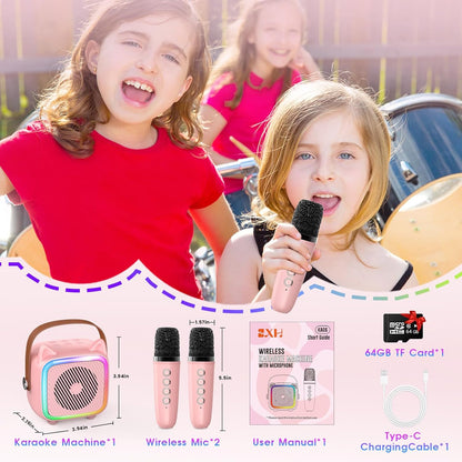 SXH Mini Karaoke Machine for Kids Portable Karaoke Machine with 2 Bluetooth Wireless Microphones and Light Include 64GB-TFcard Toys Gifts for 3-14 Years Old Girls Boys (Pink 2 Mics)