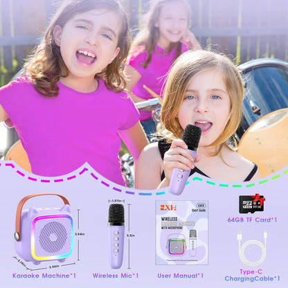 Mini Karaoke Machine for Kids: SXH Portable Karaoke Machine with Bluetooth Wireless Microphone and Light Include 64GB-TFcard Toys Gifts for 3-14 Years Old Girls Boys (Purple 1 Mic)