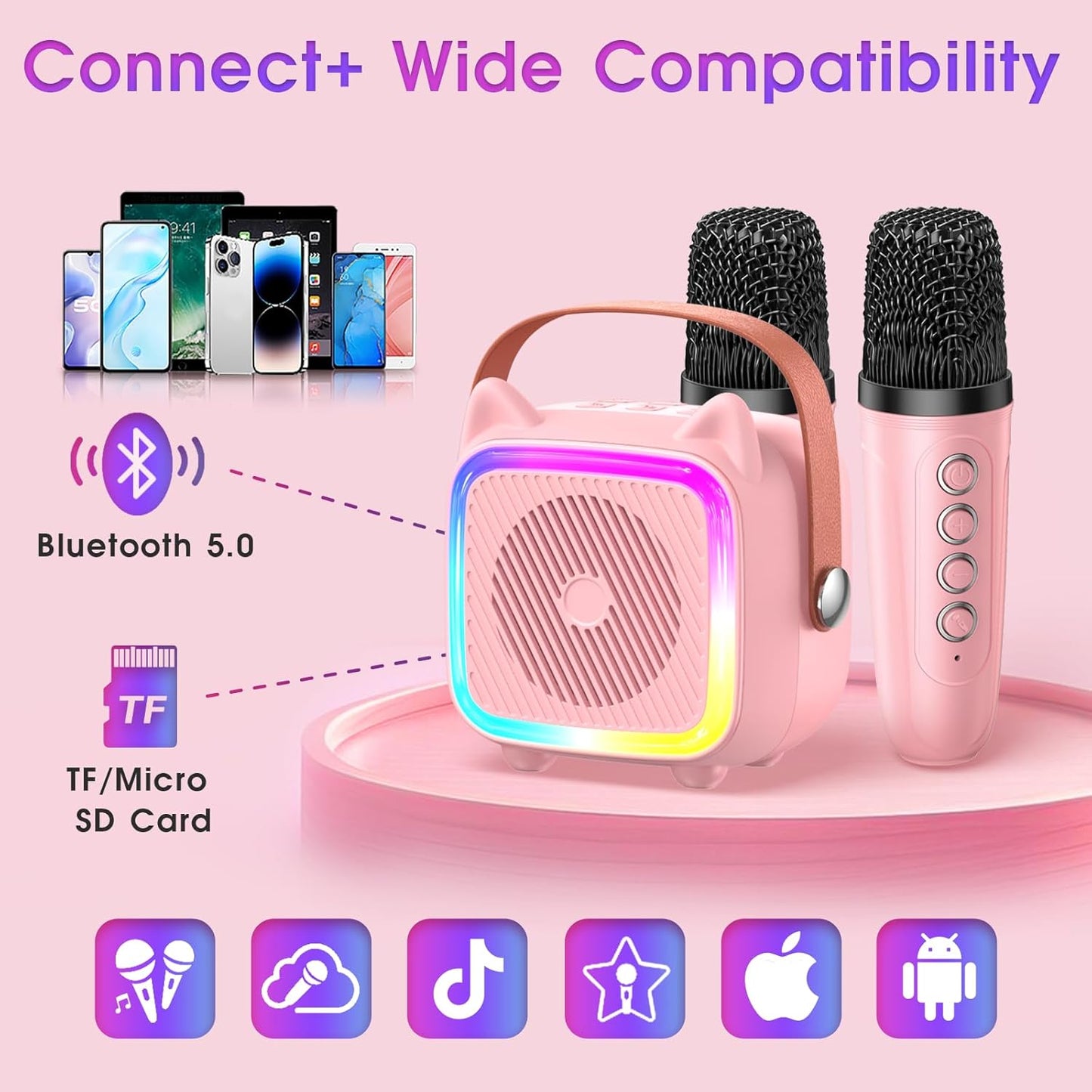 SXH Mini Karaoke Machine for Kids Portable Karaoke Machine with 2 Bluetooth Wireless Microphones and Light Include 64GB-TFcard Toys Gifts for 3-14 Years Old Girls Boys (Pink 2 Mics)