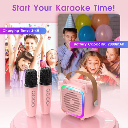 SXH Mini Karaoke Machine for Kids Portable Karaoke Machine with 2 Bluetooth Wireless Microphones and Light Include 64GB-TFcard Toys Gifts for 3-14 Years Old Girls Boys (Pink 2 Mics)