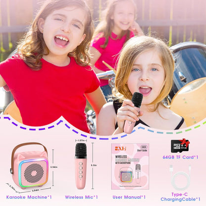 SXH Mini Karaoke Machine for Kids Portable Karaoke Machine with Bluetooth Wireless Microphone and Light Include 64GB-TFcard Toys Gifts for 3-14 Years Old Girls Boys (Pink 1 Mic)