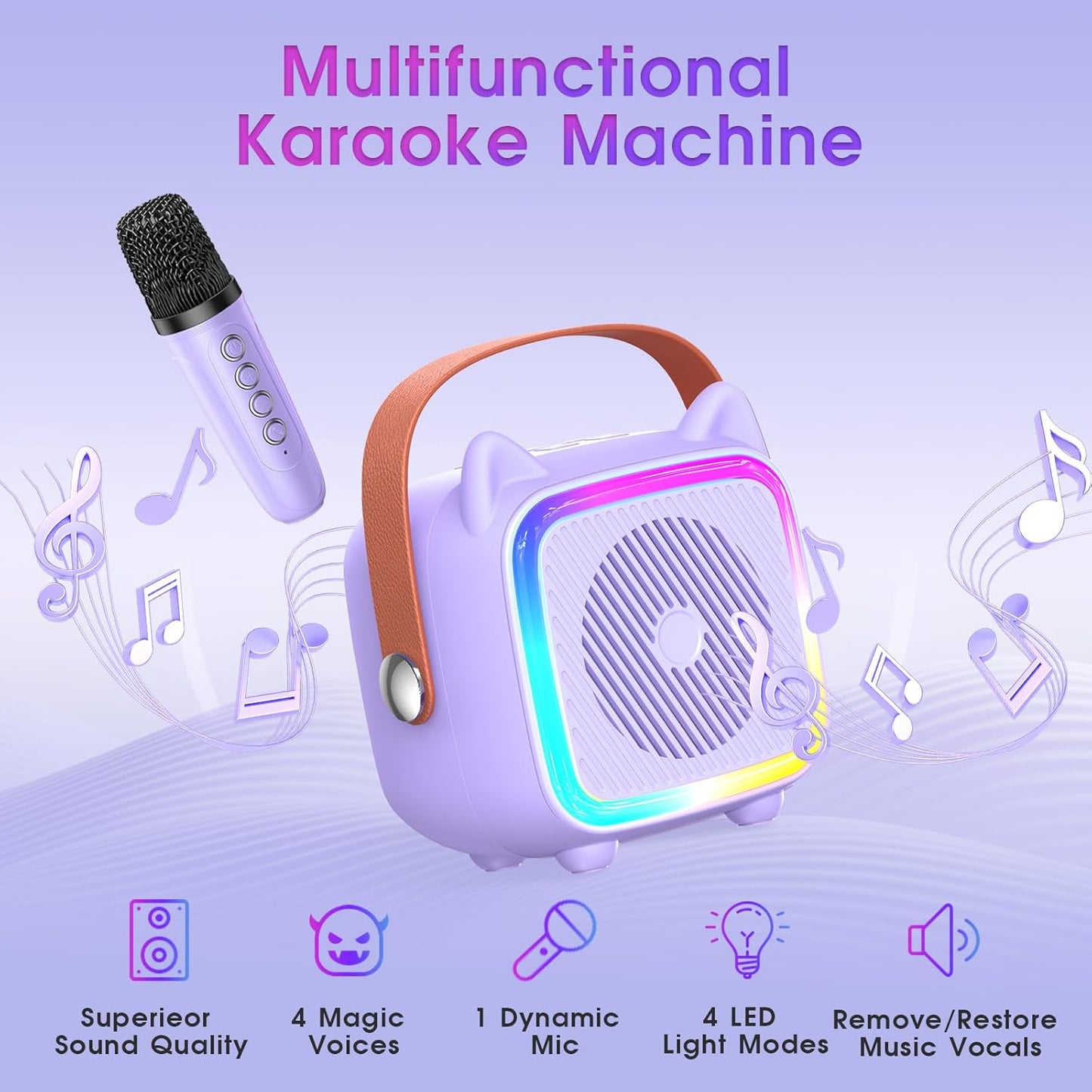 Mini Karaoke Machine for Kids: SXH Portable Karaoke Machine with Bluetooth Wireless Microphone and Light Include 64GB-TFcard Toys Gifts for 3-14 Years Old Girls Boys (Purple 1 Mic)